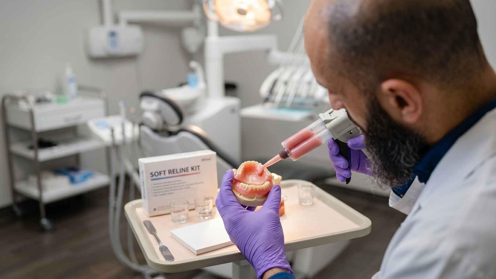 Denturist performing chairside denture reline