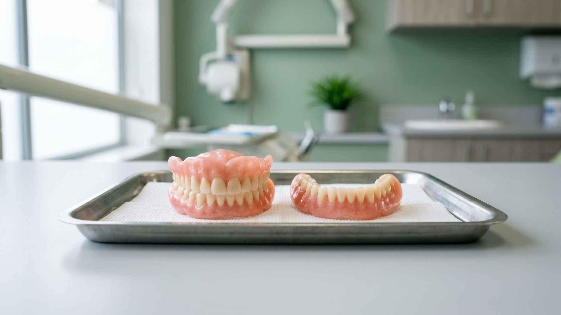 Upper and lower dentures on dental tray