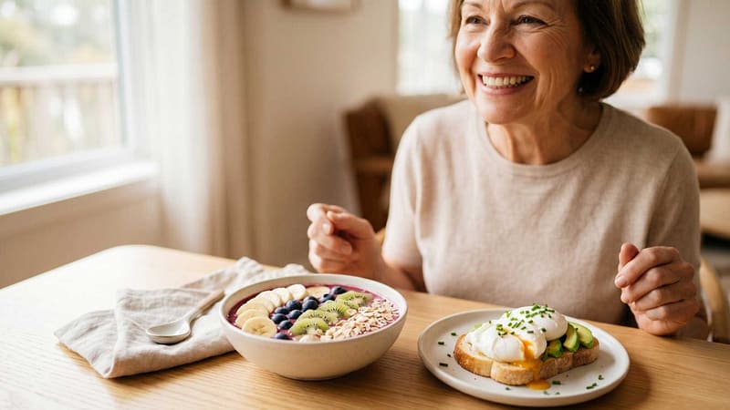 Senior enjoying a meal with new dentures Orleans.