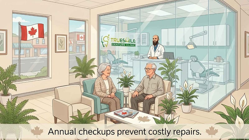 Elderly couple in dental clinic waiting room with denturist, warm reassuring setting