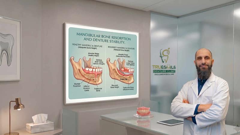 Elderly jawbone comparison: healthy denture fit vs bone loss with loose dentures