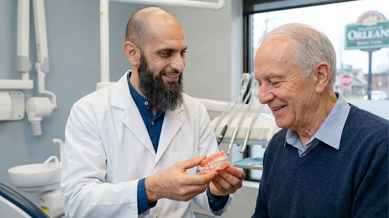 Senior patient receiving new dentures in Orleans.