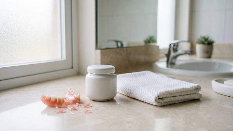 Broken denture on bathroom counter