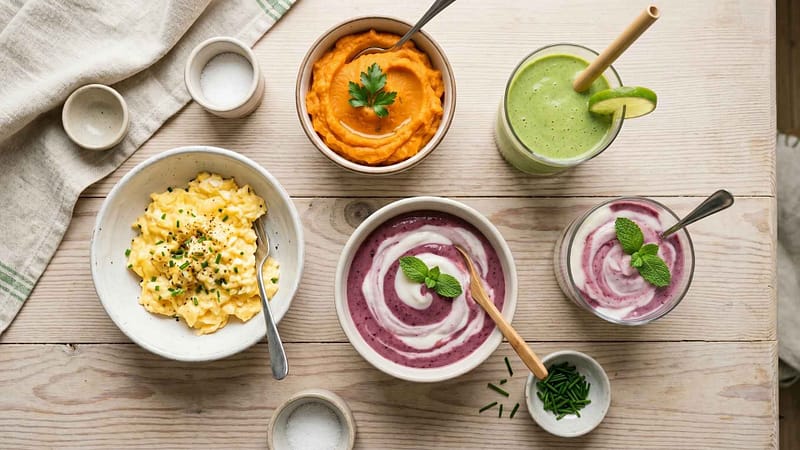 Soft denture-friendly foods flat lay