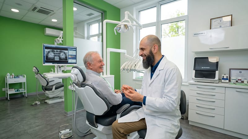Denturist showing partial denture to elderly man