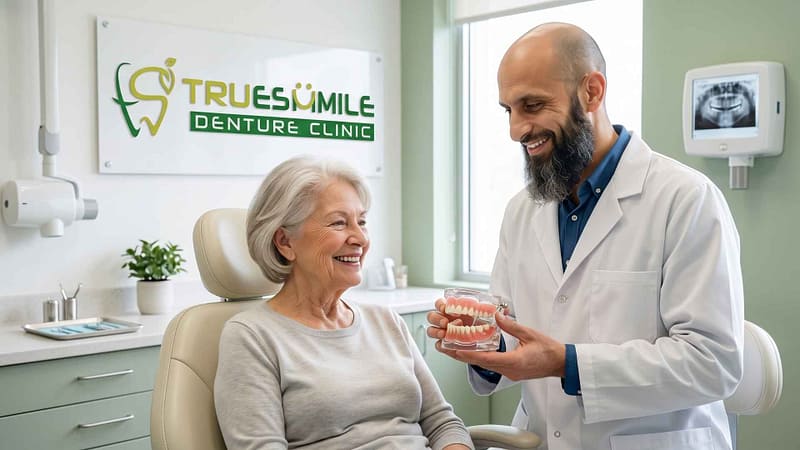 Denturist presenting dentures to elderly woman in clinic