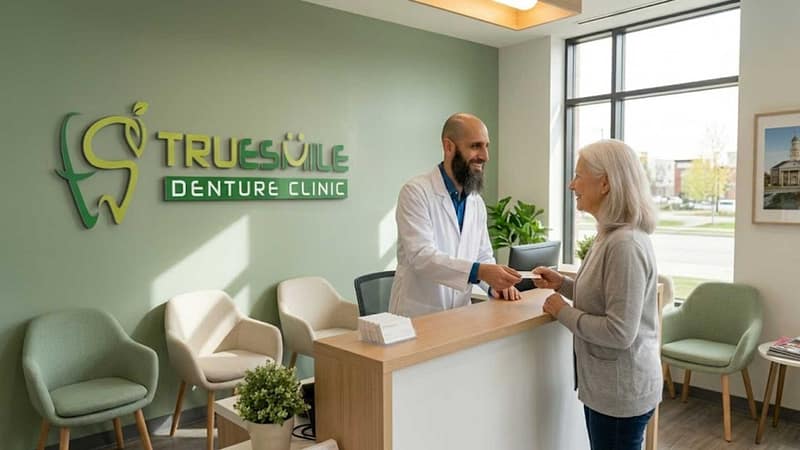 Denturist greeting patient at Orleans clinic reception