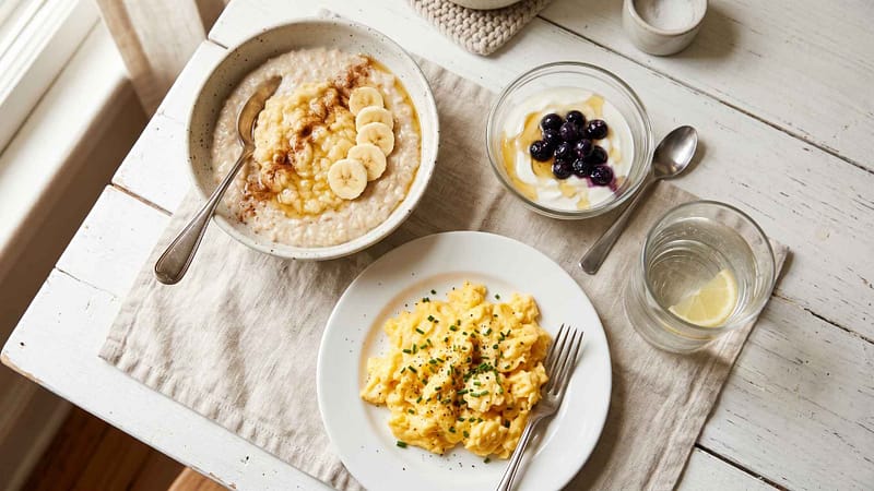 Soft breakfast foods for denture wearers on table
