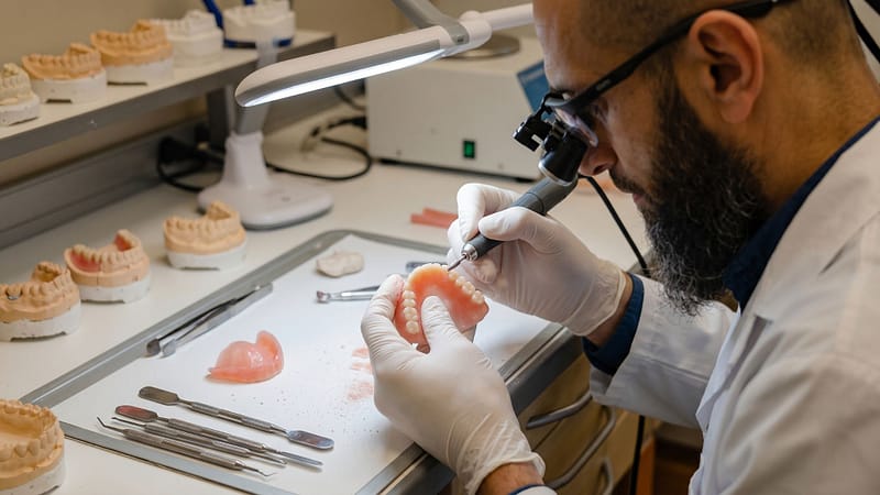 dental technician repairing denture lab