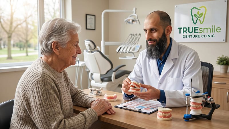 Elderly patient consulting denturist in modern clinic